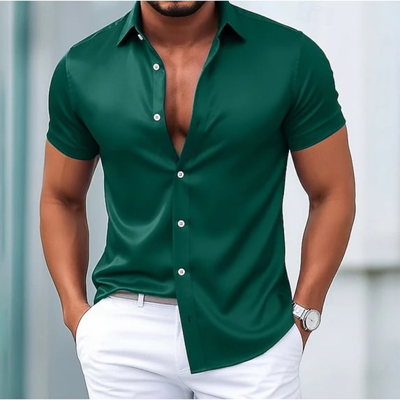 Men's Button Down Shirts Short Sleeve Silk Satin Collared Tees Summer Hawaiian Beach Wedding Dress T Shirts, 3XL