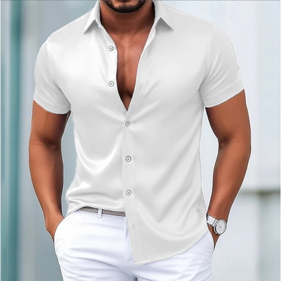 Men's Button Down Shirts Short Sleeve Silk Satin Collared Tees Summer Hawaiian Beach Wedding Dress T Shirts, M
