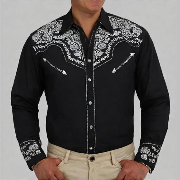 Men's Button Down Shirts Solid Color Collar Western Cowboy Shirts Embroidered Shirts Slim Fit With Pockets Fall Shirts for 2025