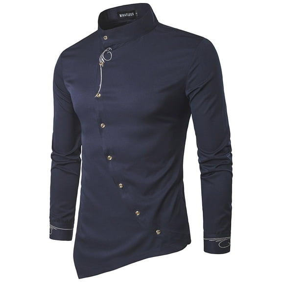 Men's Button Down Shirts Solid Color High Neck Fashion Casual Embroidered Personality Irregular Business Classic Fit