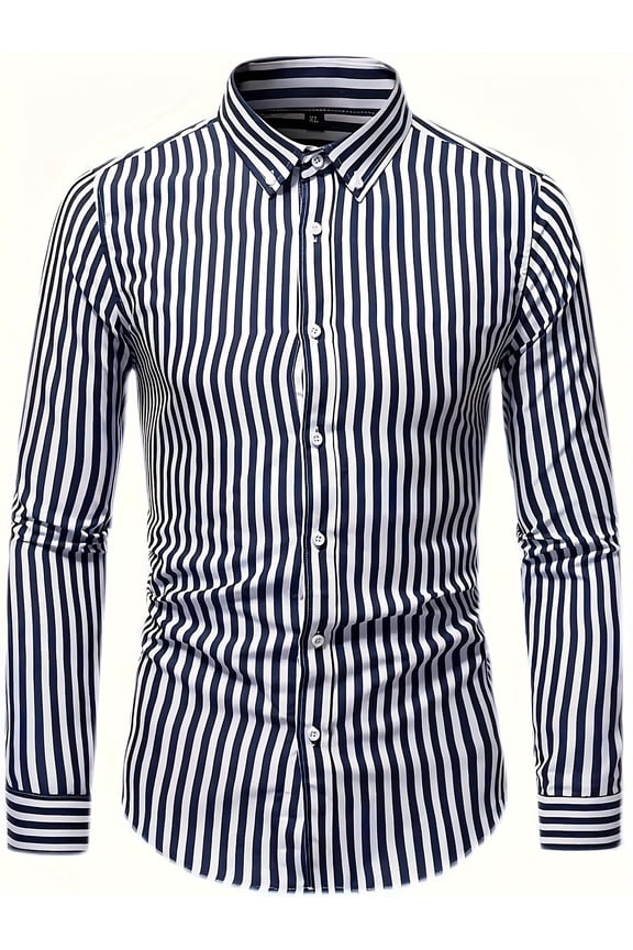 Men's Button Down Shirts Stripe Print Long Sleeve Dress Shirts Regular-Fit Casual Shirt Black L