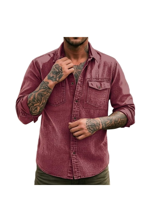 Men's Button Down Shirts Texture Long Sleeve Shacket Rugged Casual Utility Shirt for Outdoor Hiking