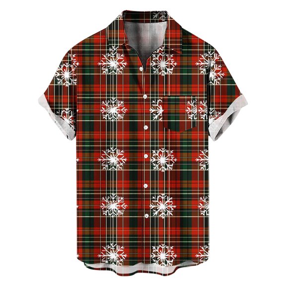 Men's Button Down Shirts Xmas Tree Print Christmas Clothes Short Sleeve Collared Blouse Tops for Men Big and Tall (M, Red|Plaid)