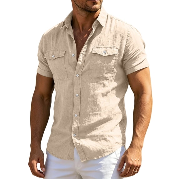 Men's Button Down Short Sleeve Shirt Casual Cotton Linen Summer Beach Hiking Shirts with Double Work Pocket Size 3XL Beige