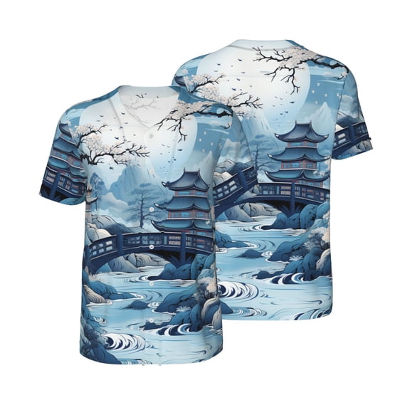 Men's Button Down Short Sleeve T-Shirt Athletic Basketball Baseball Jersey, Chinese Style Powder Chinoiserie Toile Blue