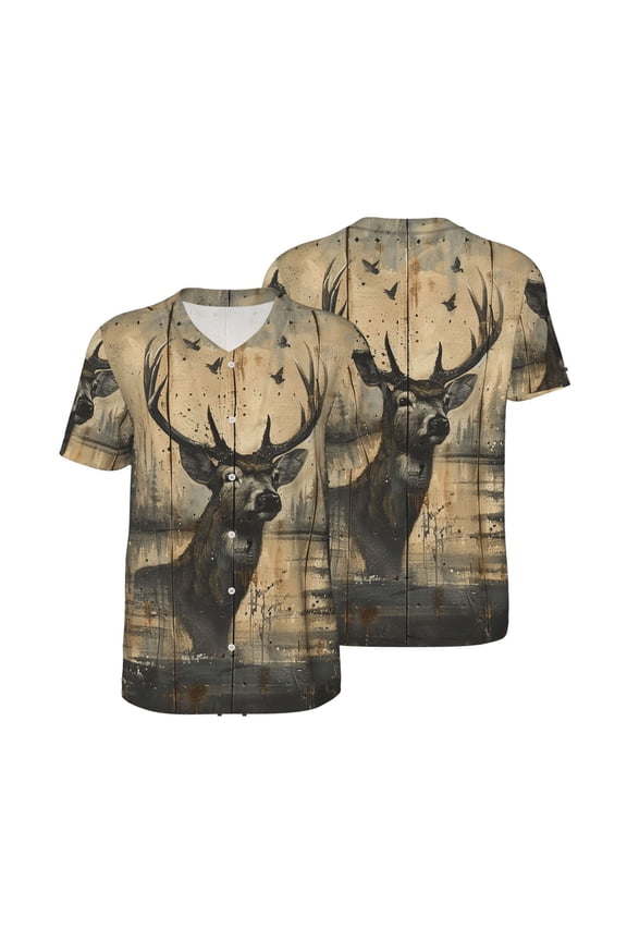 Men's Button Down Short Sleeve T-Shirt Athletic Basketball Baseball Jersey, Deer Vintage Camo Art Black