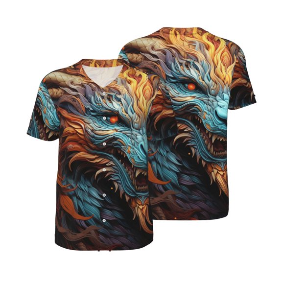 Men's Button Down Short Sleeve T-Shirt Athletic Basketball Baseball Jersey, Fire Dragon Cool Art