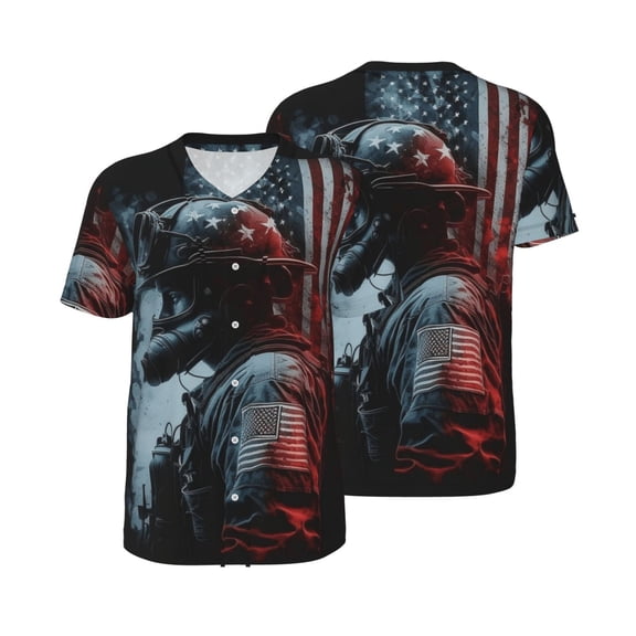 Men's Button Down Short Sleeve T-Shirt Athletic Basketball Baseball Jersey, Fireman American Flag