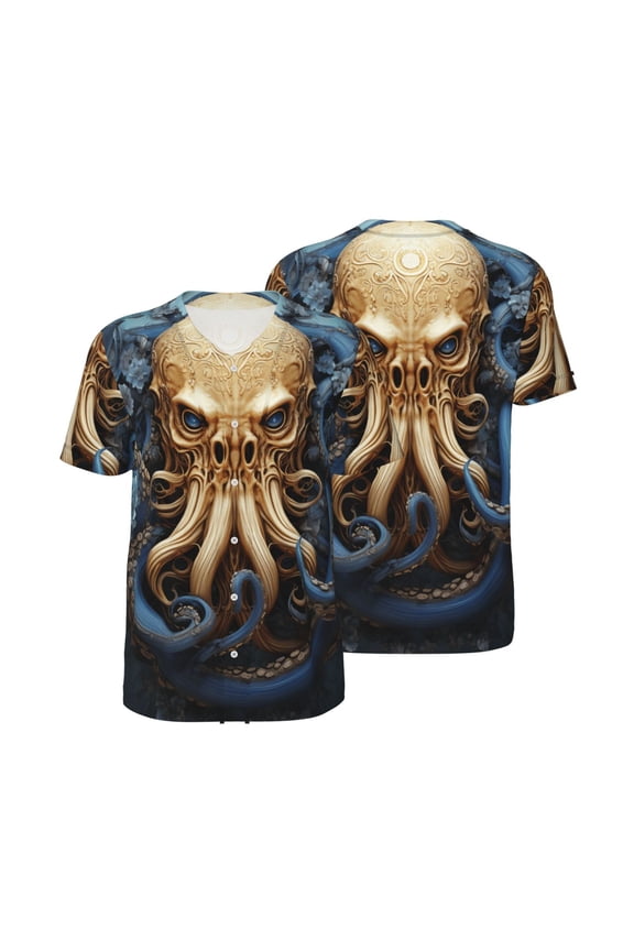 Men's Button Down Short Sleeve T-Shirt Athletic Basketball Baseball Jersey, Octopus Kraken Monster Art Vintage