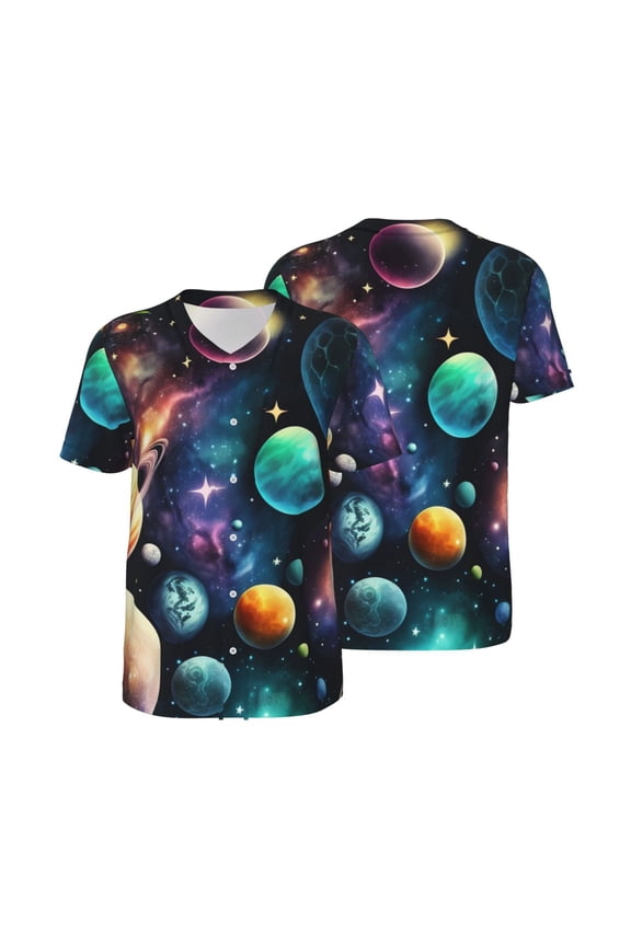 Men's Button Down Short Sleeve T-Shirt Athletic Basketball Baseball Jersey, Planets Galaxy Stars Cosmic Space
