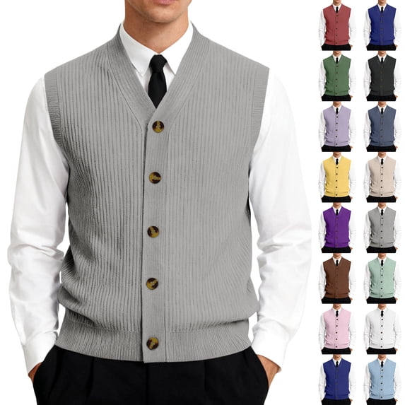 Men's Button Down Sweater Vest Lightweight Knitted V-Neck Sleeveless Cardigans Knitwear Gray L