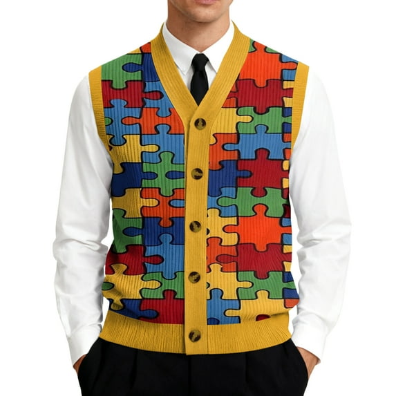 Casual Knit Vest for Men, V-Neck Button Closure Sleeveless Cardigan with Geometric Print Orange S