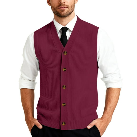 Men's Button Down Sweater Vest Lightweight Knitted V-Neck Sleeveless Cardigans Knitwear Wine XL