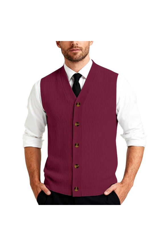 Men's Button Down Sweater Vest Lightweight Knitted V-Neck Sleeveless Cardigans Knitwear Wine 5XL