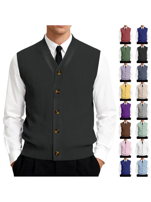 Men's Button Down Sweater Vest Lightweight Ribbed Knitted V-Neck Sleeveless Cardigans Knitwear, #01 Black, XXL
