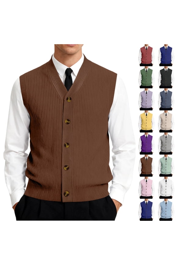 Men's Button Down Sweater Vest Lightweight Ribbed Knitted V-Neck Sleeveless Cardigans Knitwear, #01 Brown, S