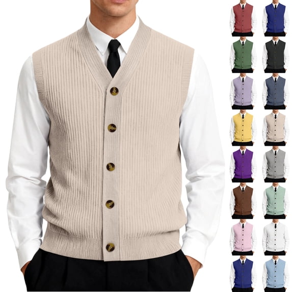 Men's Button Down Sweater Vest Lightweight Ribbed Knitted V-Neck Sleeveless Cardigans Knitwear, #01 Khaki, 5XL