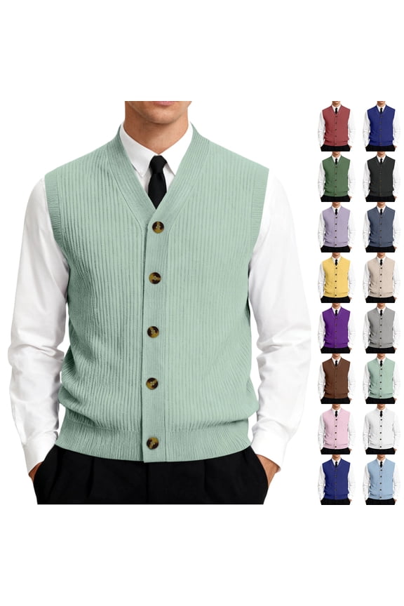 Men's Button Down Sweater Vest Lightweight Ribbed Knitted V-Neck Sleeveless Cardigans Knitwear, #01 Light Green, L