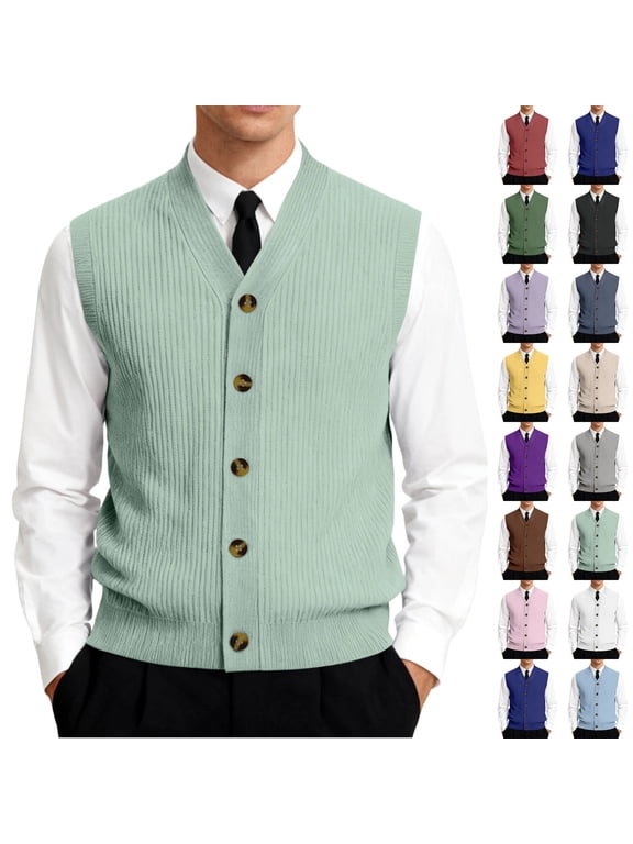 Men's Button Down Sweater Vest Lightweight Ribbed Knitted V-Neck Sleeveless Cardigans Knitwear, #01 Light Green, L
