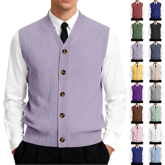 Men's Button Down Sweater Vest Lightweight Ribbed Knitted V-Neck Sleeveless Cardigans Knitwear, #01 Light Purple, 3XL