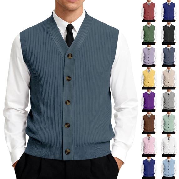 Men's Button Down Sweater Vest Lightweight Ribbed Knitted V-Neck Sleeveless Cardigans Knitwear, #01 Navy, XL