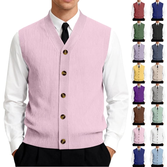 Men's Button Down Sweater Vest Lightweight Ribbed Knitted V-Neck Sleeveless Cardigans Knitwear, #01 Pink, L