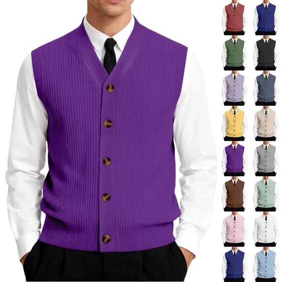 Men's Button Down Sweater Vest Lightweight Ribbed Knitted V-Neck Sleeveless Cardigans Knitwear, #01 Purple, 3XL