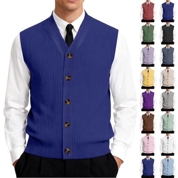 Men's Button Down Sweater Vest Lightweight Ribbed Knitted V-Neck Sleeveless Cardigans Knitwear, #01 Royal Blue, M