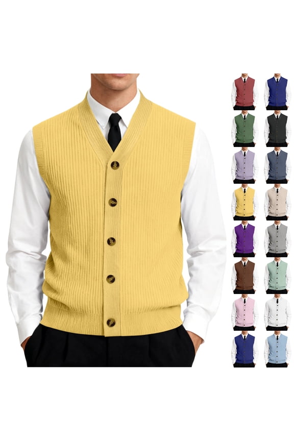 Men's Button Down Sweater Vest Lightweight Ribbed Knitted V-Neck Sleeveless Cardigans Knitwear, #01 Yellow, XL