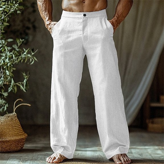 Men's Button Front Long Pants, Cotton Linen Solid Color Casual Trousers for Spring Summer and Daily Wear,White,M