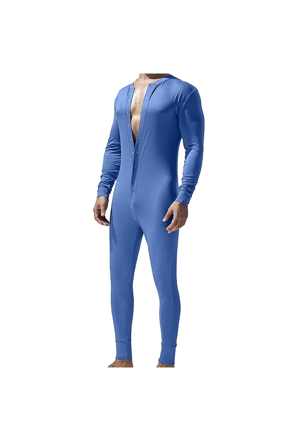 Men's Button Front Long Sleeve One Piece Thermal Onesie Pajama Jumpsuits, Slim Fit Closed Crotch Union Suit Sleepwear Base Layer