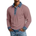 thumbnail image 1 of Men's Button Placket Polo Shirts Long Sleeve Lapel Collar Pullover Color Block Denim Splicing Skin Friendly Relaxed Fit Leisure Tee Watermelon Red S, 1 of 8