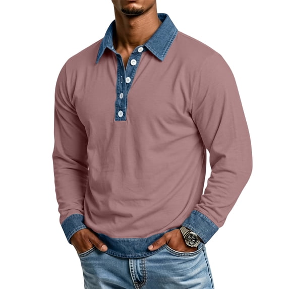 Men's Button Placket Polo Shirts Long Sleeve Lapel Collar Pullover Color Block Denim Splicing Skin Friendly Relaxed Fit Leisure Tee Watermelon Red S