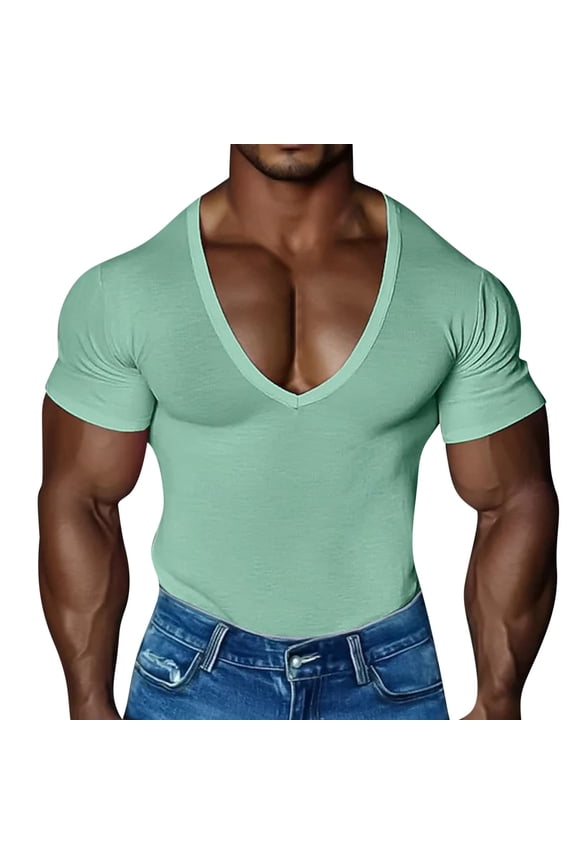Men's Button Shirts Muscle T-Shirt for Mens V Neck Slim Fitting Short Sleeve Athletic T-Shirt Summer Low Cut Tees Tops Green M