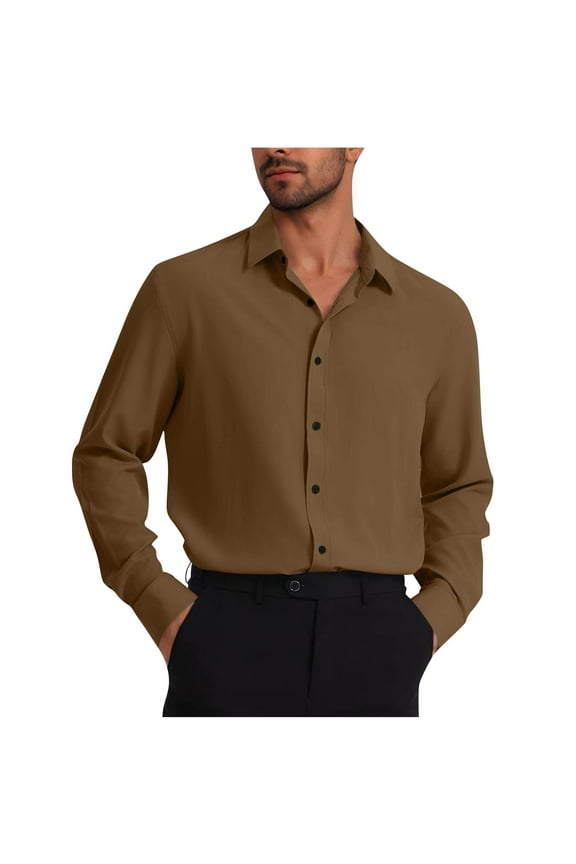 Men's Button Up Dress Shirt Solid Color Wrinkle-Free Long Sleeve Business Casual Work Wear Regular Fit Formal Tops (L, Coffee)