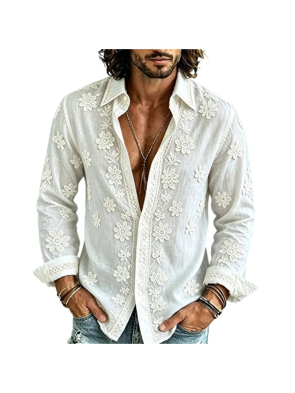 Men's Button Up Shirt Floral Printed 70s Long Sleeve Relaxed Fit Retro Hippie Vacation Casual Tops