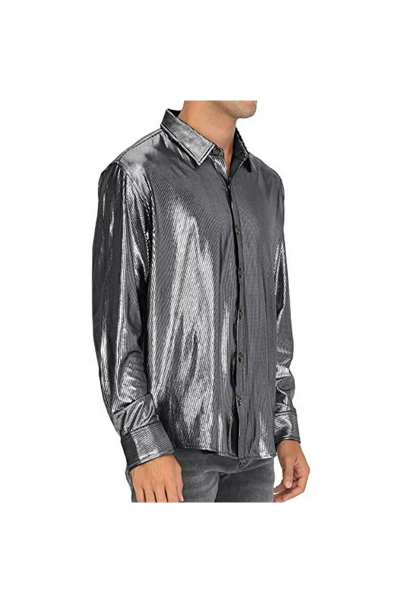 Men's Button Up Shirts Luxury 70s Disco-Metallic Long Sleeve Collared Tshirts Shirt Trendy Solid Loose Shiny Party Nightclub Costume Tops