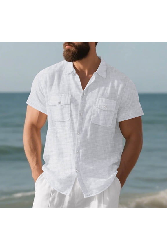 Men's Button Up Shirts Plain Breathable Top with Button Flap Pocket Soft Fabric Tees for Casual Outing