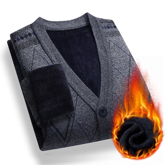 Men's Button up Cardigan Knitted Sweater Slim Fit Fleece Warm Coat Gray XXL