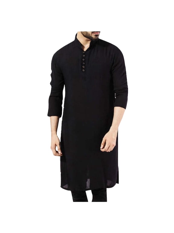 Men's Button up Cotton Robe Long Sleeve Kaftan Thobe Long Gown Casual Shirt for Beach Pullover Solid Muslim Robe Blouse