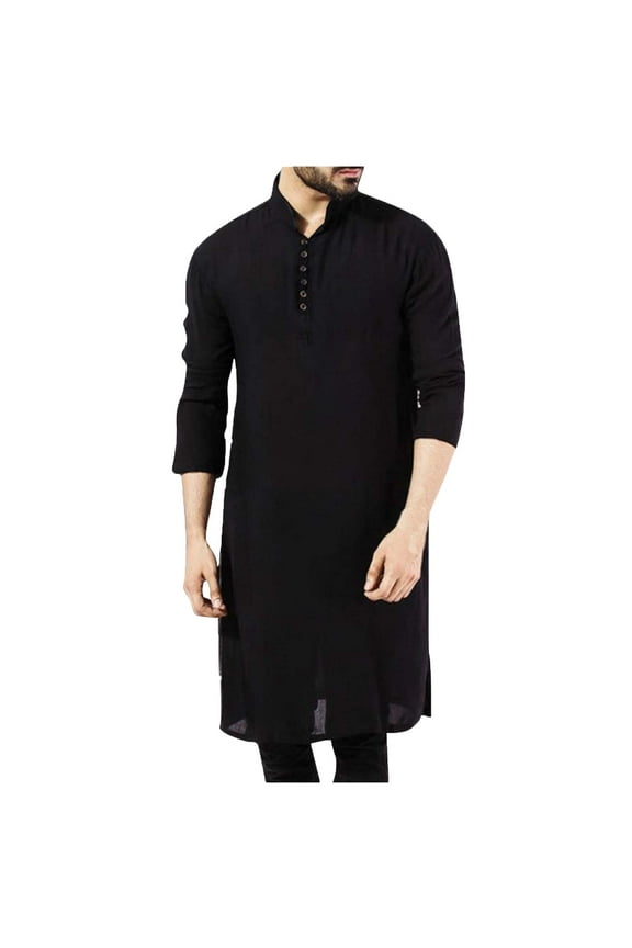 Men's Button up Cotton Robe Long Sleeve Kaftan Thobe Long Gown Casual Shirt for Beach Pullover Solid Muslim Robe Blouse