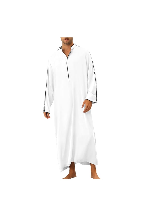Men's Button up Robe Long Sleeve V Neck Contrast Line Kaftan Thobe Long Gown Casual Night Gown Shirt Spring 2026