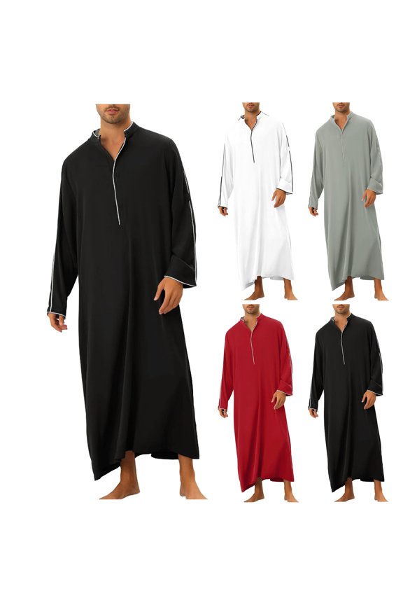 Men's Button up Robe Long Sleeve V Neck Contrast Line Kaftan Thobe Long Gown Casual Night Gown Shirt Spring 2026