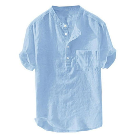 Men's Buttons Cotton Linen Shirt Summer Short Sleeve Casual Loose Top T-shirt-M