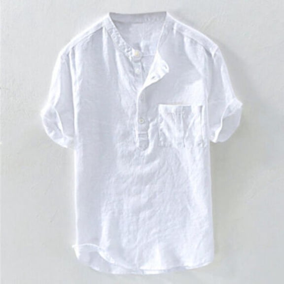 Men's Buttons Cotton Linen Shirt Summer Short Sleeve Casual Loose Top T-shirt-XL