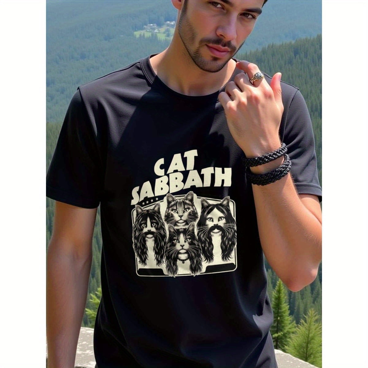 Men's 'CAT SABBATH' Graphic T-Shirt, 100% Cotton, Crew Neck, Short