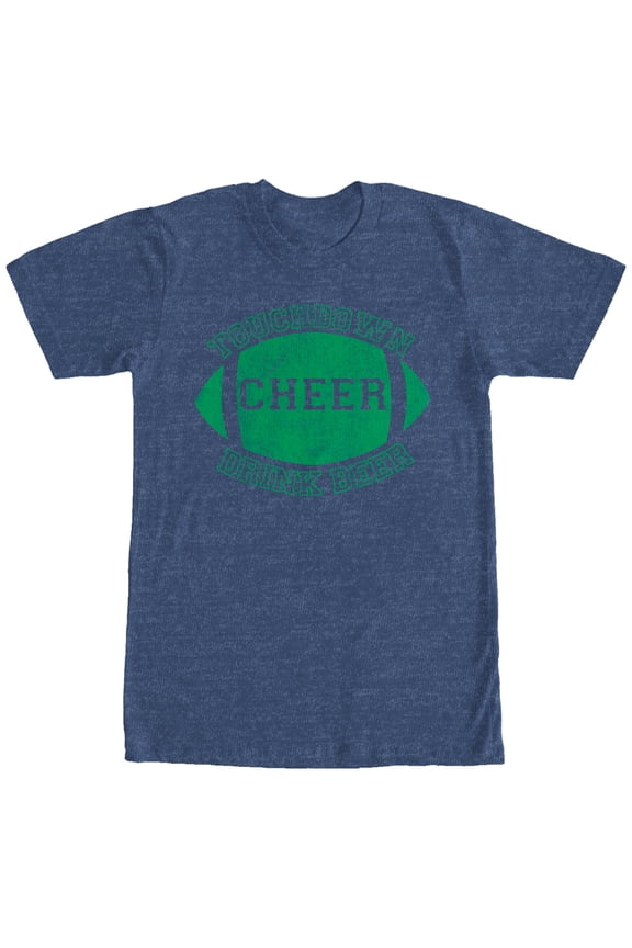Men's CHIN UP Football Touchdown Cheer Drink Beer Graphic Tee Navy Blue Heather Large