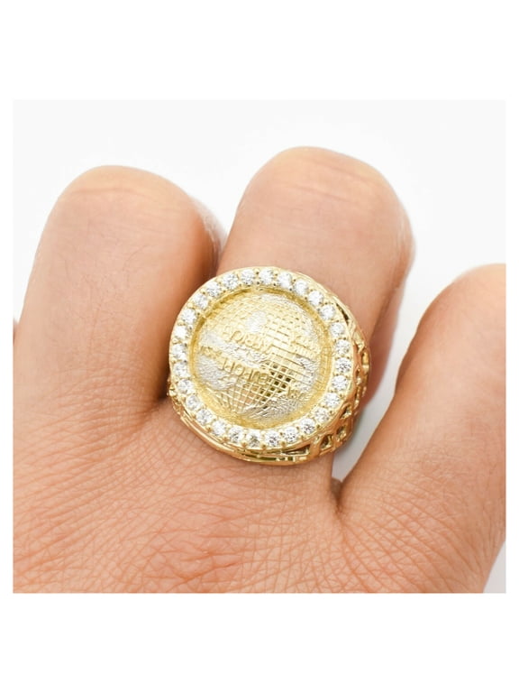 Diamond-Cut CZ Bordered Large World Ring Men's Adult 10K Yellow White Gold, 6.65 Gr - Goldum NYC