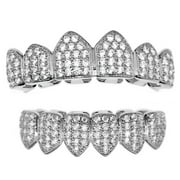 Mens CZ Grillz Set Silver Tone Top And Bottom Iced Hip Hop Teeth Premade Bling Grills