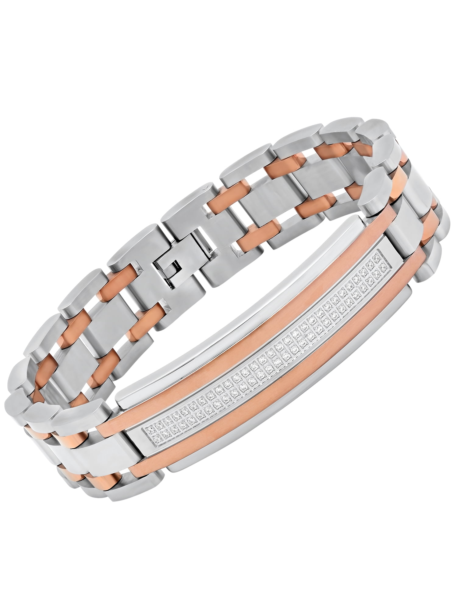 Men's CZ Stainless Steel with Rose IP ID Bracelet, 8.5"